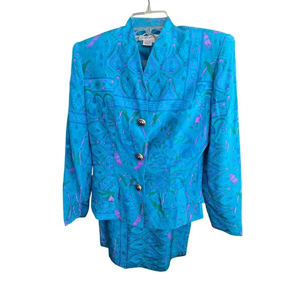 Anne Crimmins Turquoise Floral Silk Blazer & Skirt Set Size 4 Womens HS164 - Picture 7 of 12